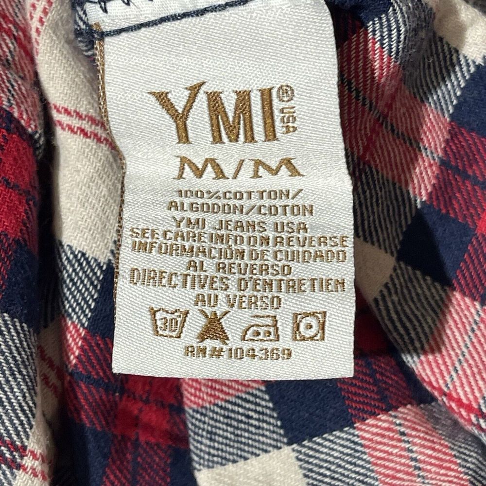 YMI Flannel Shirt Womens Juniors Medium Long Sleeve Plaid Pearl Snap Red Blue - Picture 9 of 12